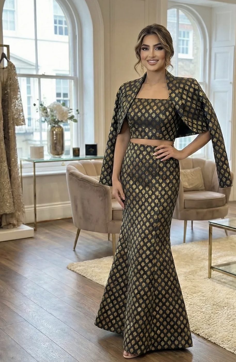 Midnight and gold brocade set, full look