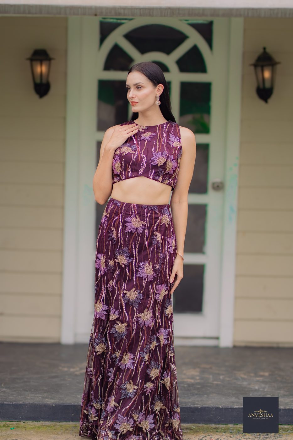 Amethyst one-shoulder crop and skirt set