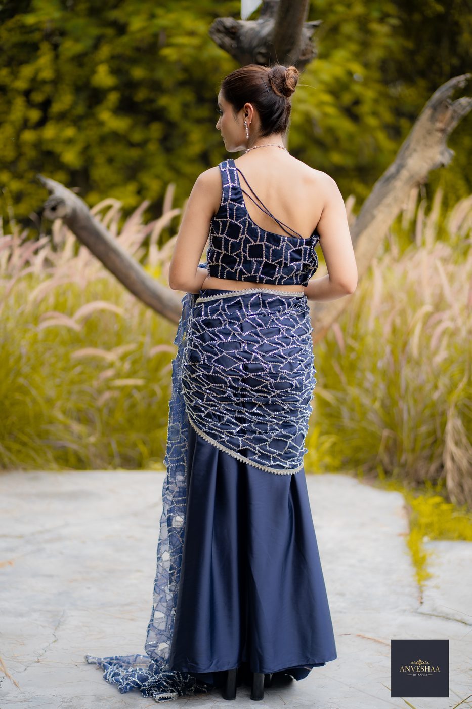 Sapphire trail gown, back with fishtail trail