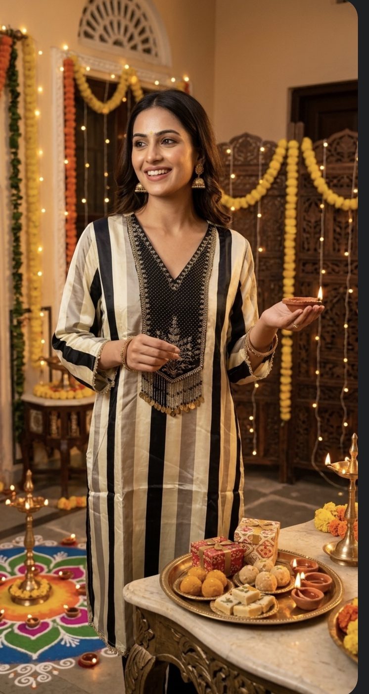 Black and ivory striped kurta set, festive