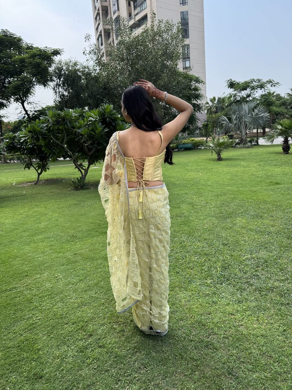 Buttercream tissue saree, corset back
