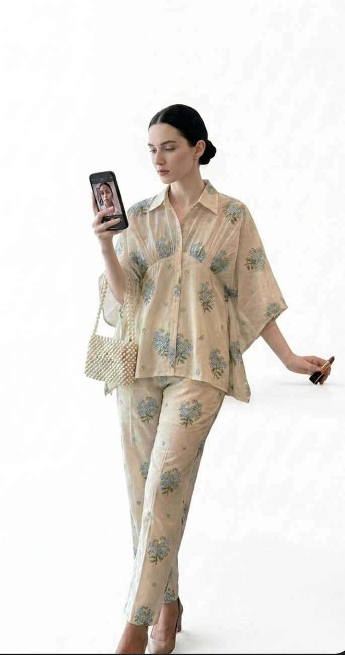 Beige botanical-print linen co-ord set