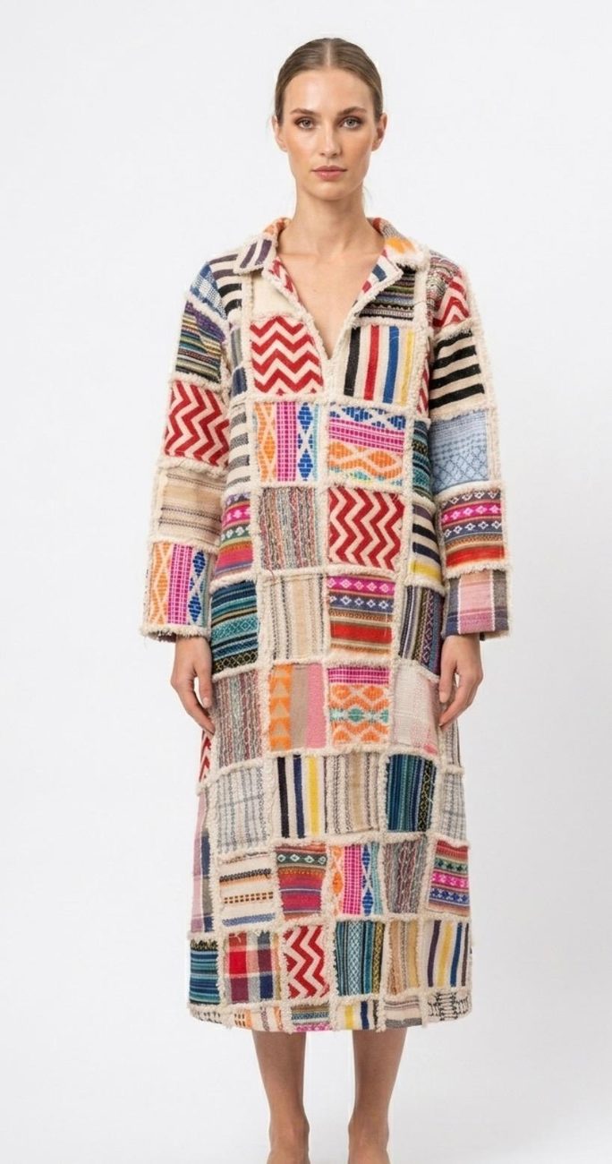 Multicolour handwoven patchwork linen coat