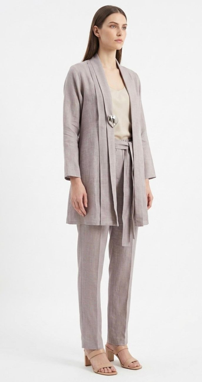 Taupe linen longline jacket and trouser suit