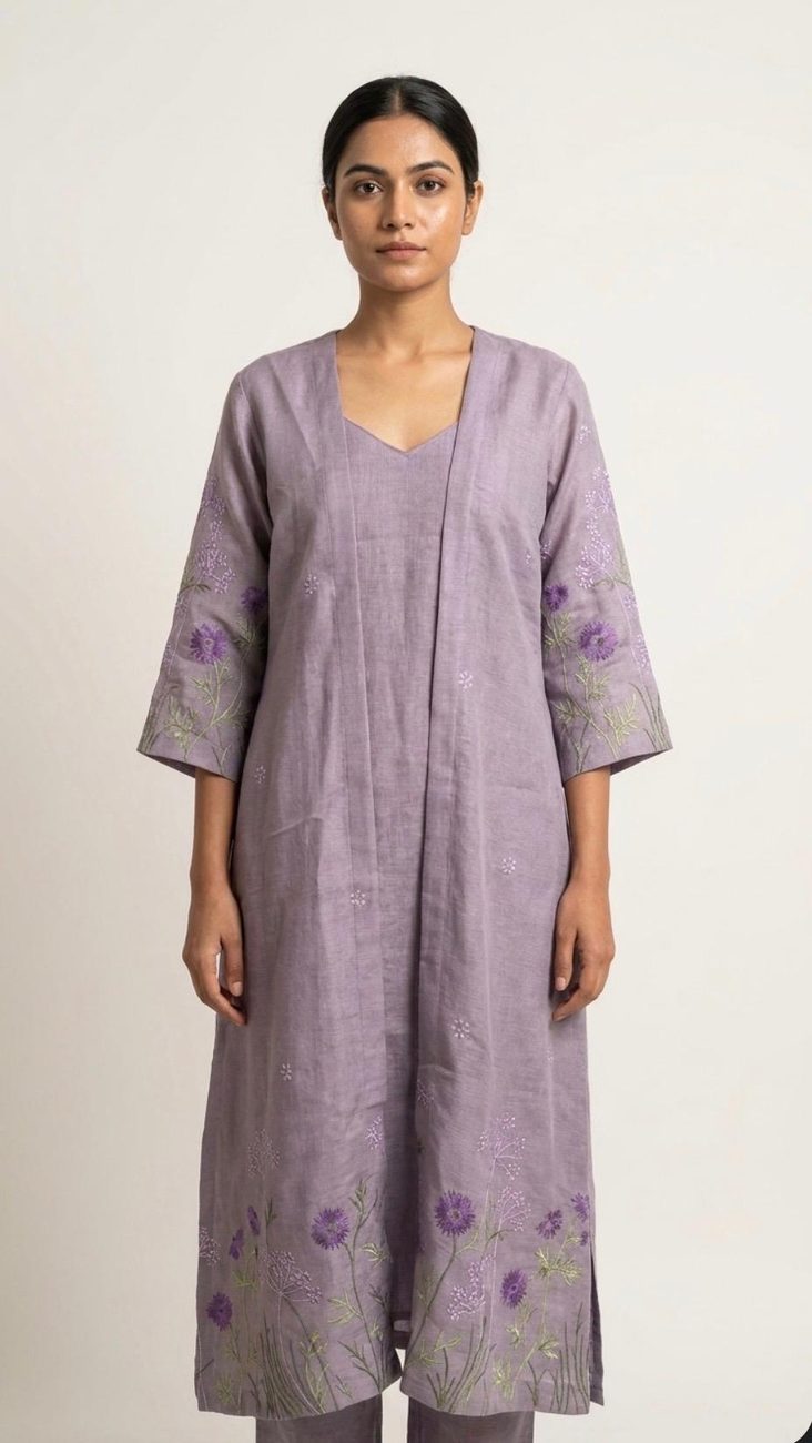 Lilac linen kurta with hand embroidery