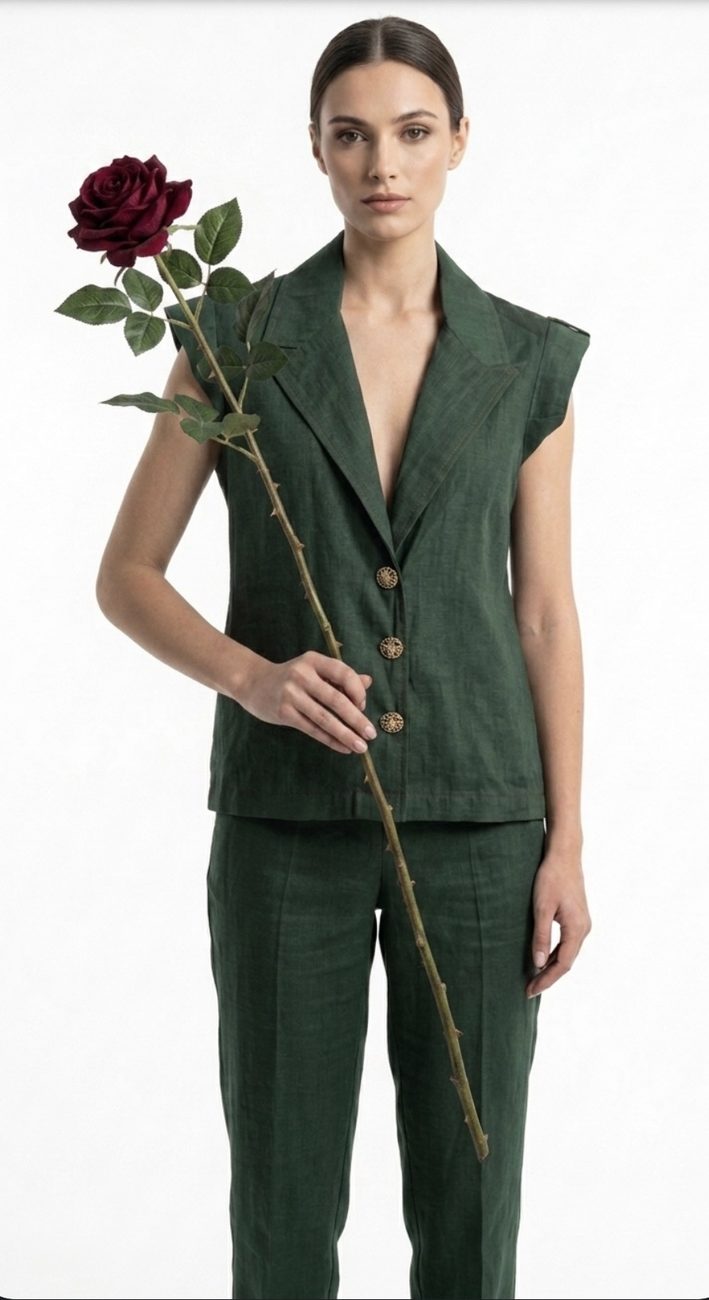 Emerald green linen waistcoat and trouser set