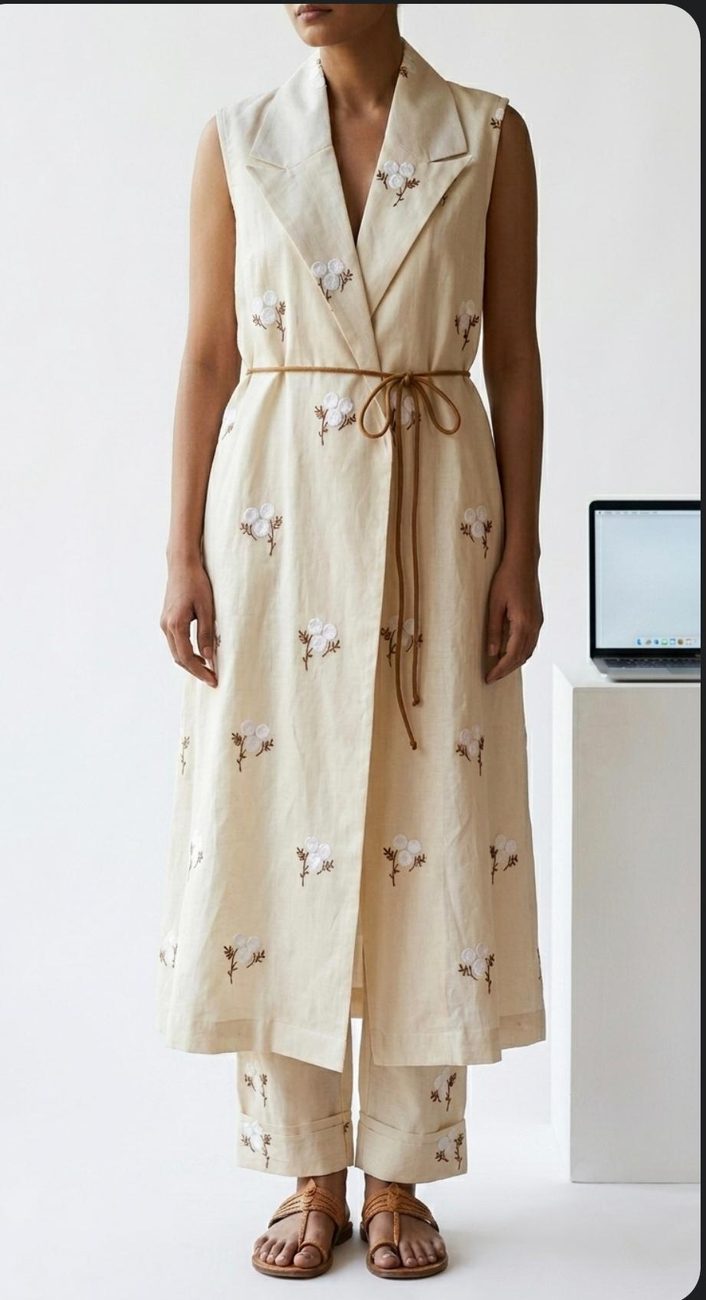 Ivory linen embroidered waistcoat and trouser set